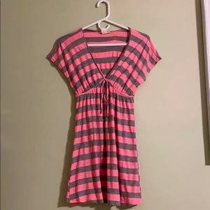 Pink and Grey Striped V Neck Sun Dress